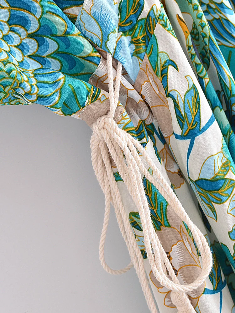 Teal Songbird Boho Floral Print Midi Dress