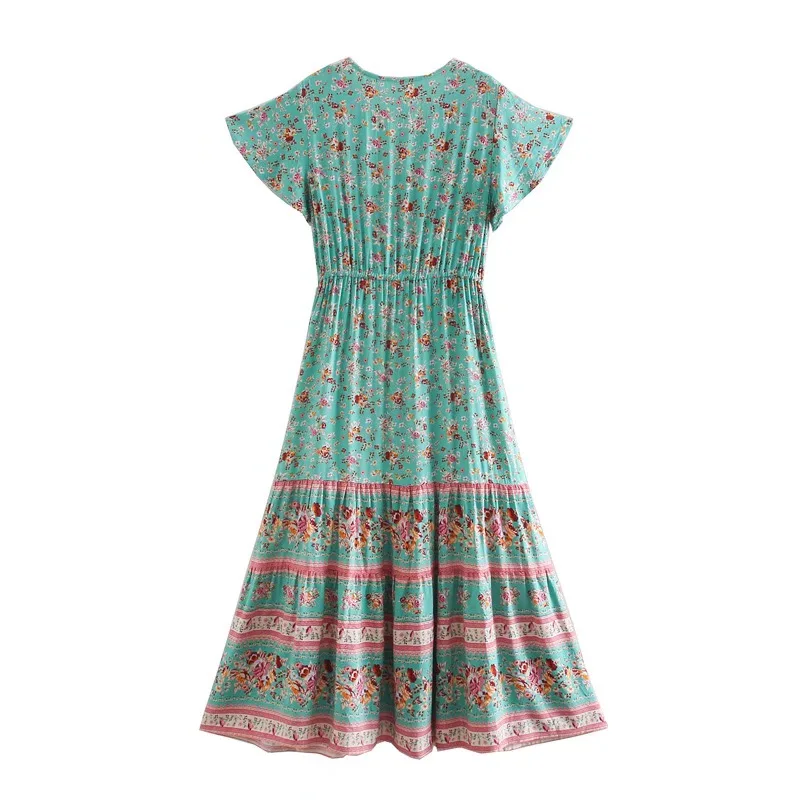 Woodland Rose Boho Floral Print Midi Dress