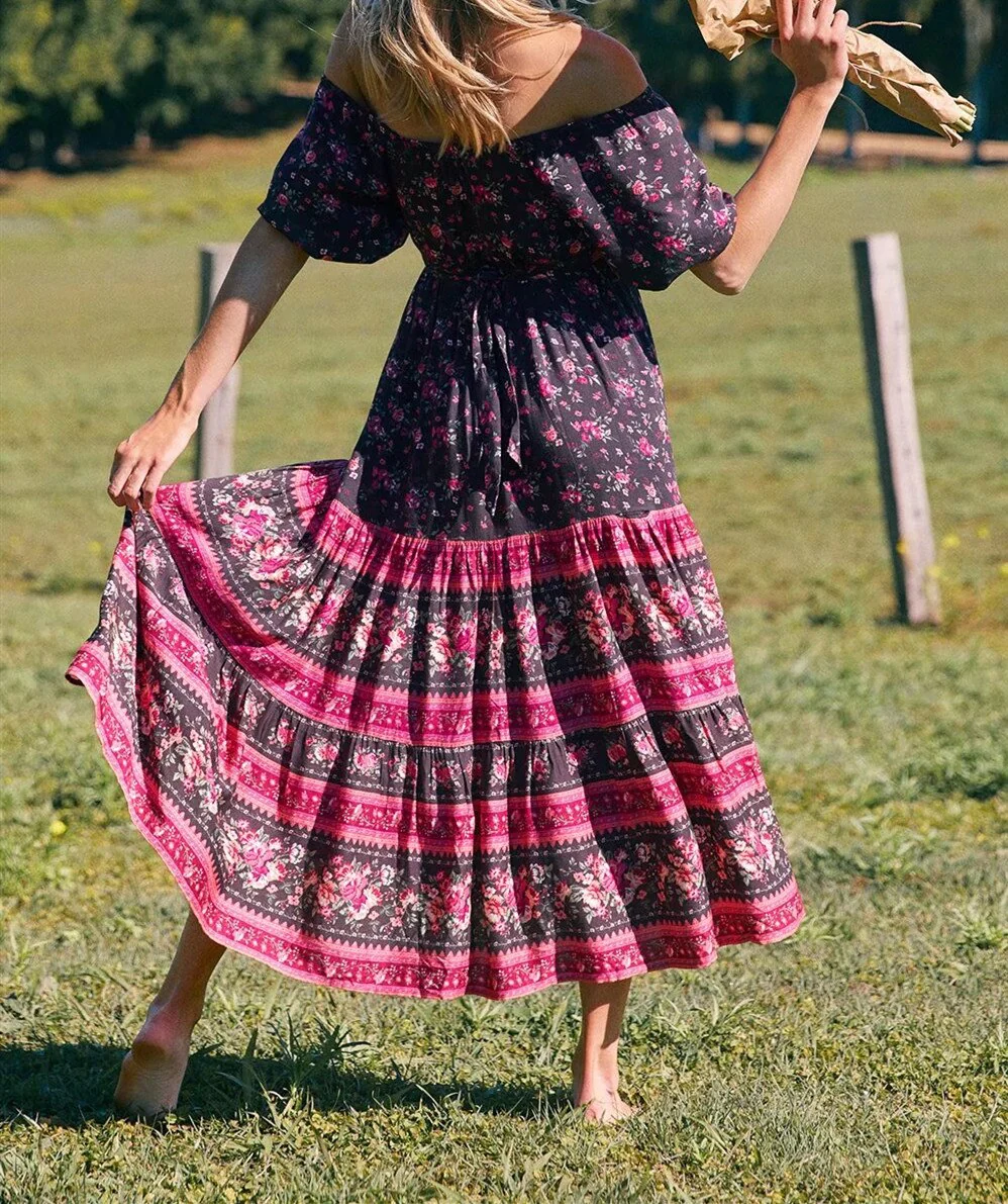 Black Rose Garden Boho Floral Print Maxi Dress