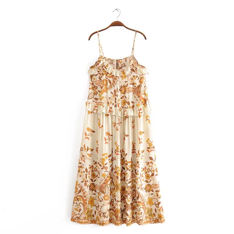 Golden Bloom Boho Floral Print Midi Dress