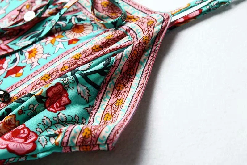 Ocean Jewel Boho Floral Print Midi Dress