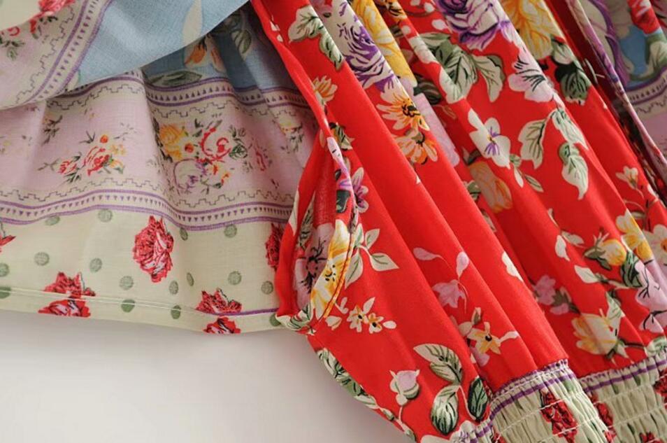 Romantic Red Boho Floral Print Maxi Dress