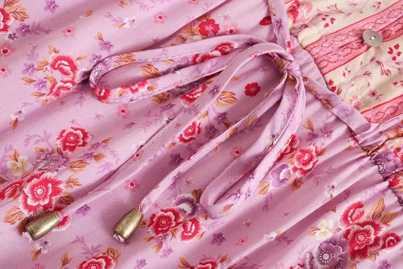 Pink Rosebud Boho Floral Print Maxi Dress
