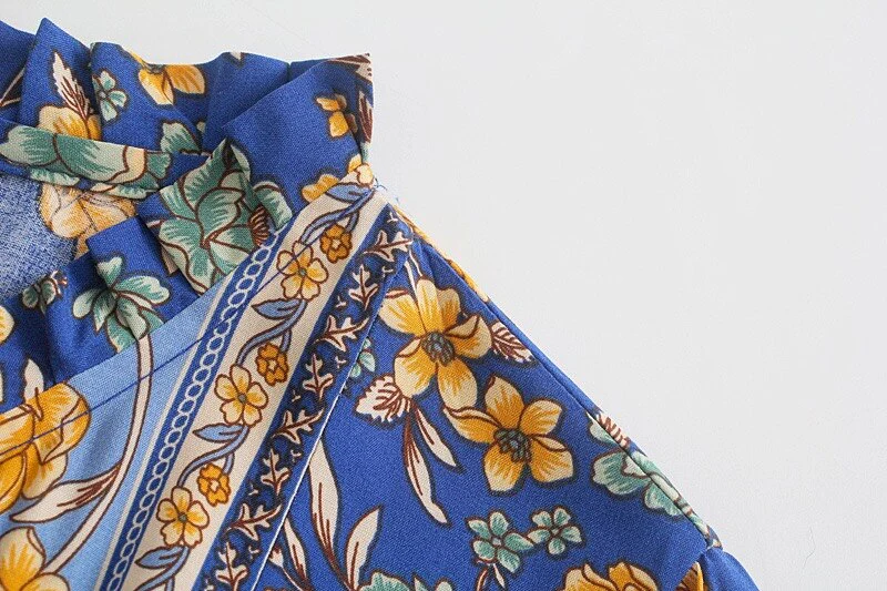 Cornflower Blue Boho Floral Print Mini Dress