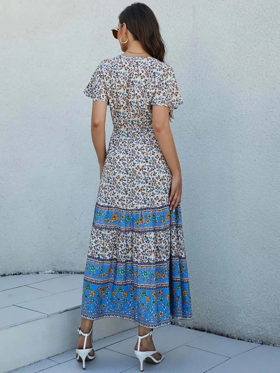 Blooming Meadow Boho Floral Print Midi Dress
