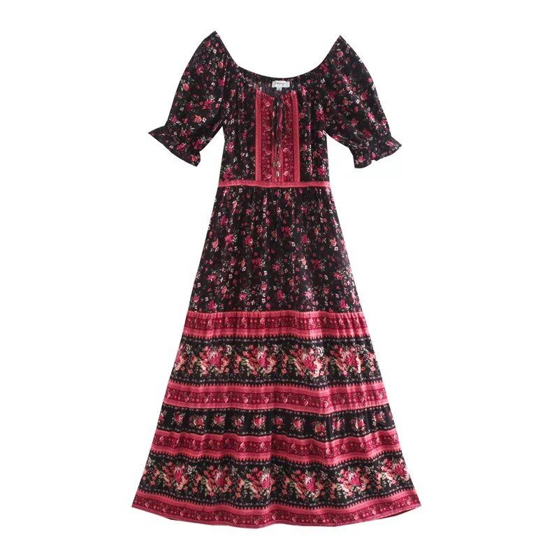 Black Rose Garden Boho Floral Print Maxi Dress