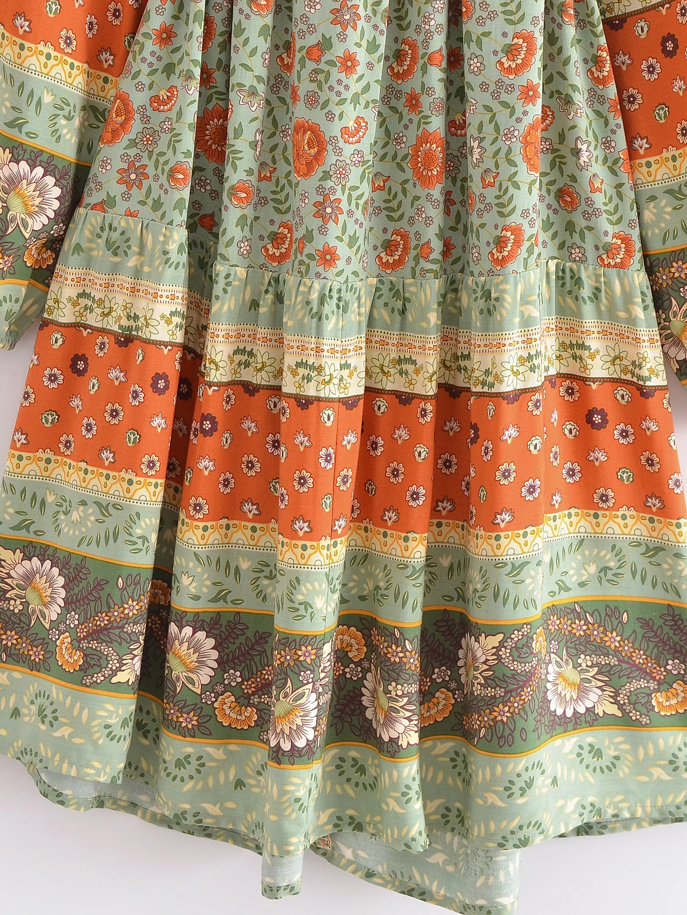 Green Whimsy Boho Floral Print Long Sleeve Mini Dress