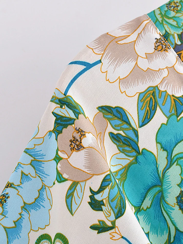 Teal Songbird Boho Floral Print Midi Dress