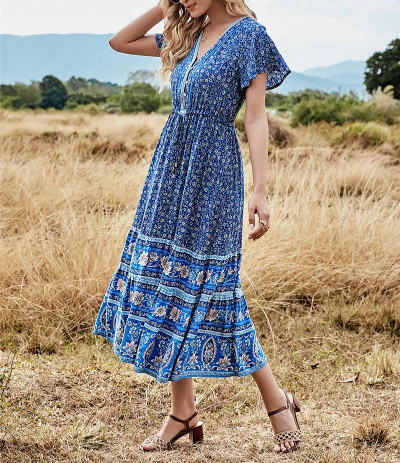 Meadowland Boho Floral Print Midi Dress