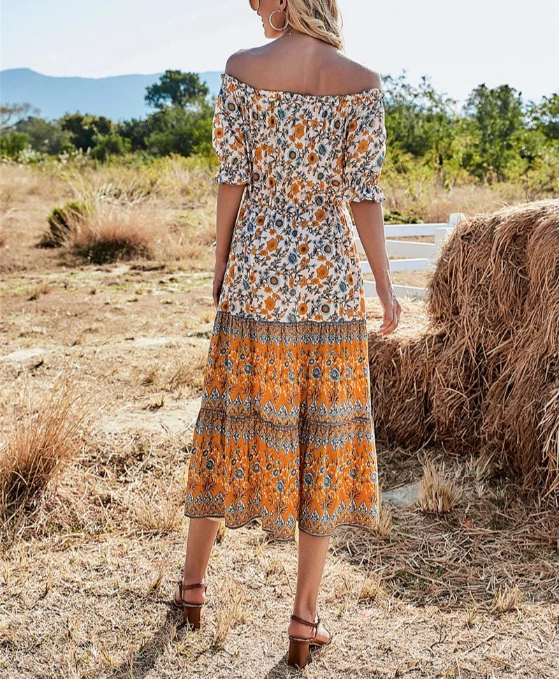 Sunlit Marigold Boho Floral Print Midi Dress