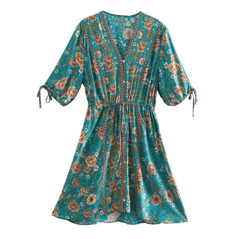 Jade Garden Boho Floral Print Mini Dress