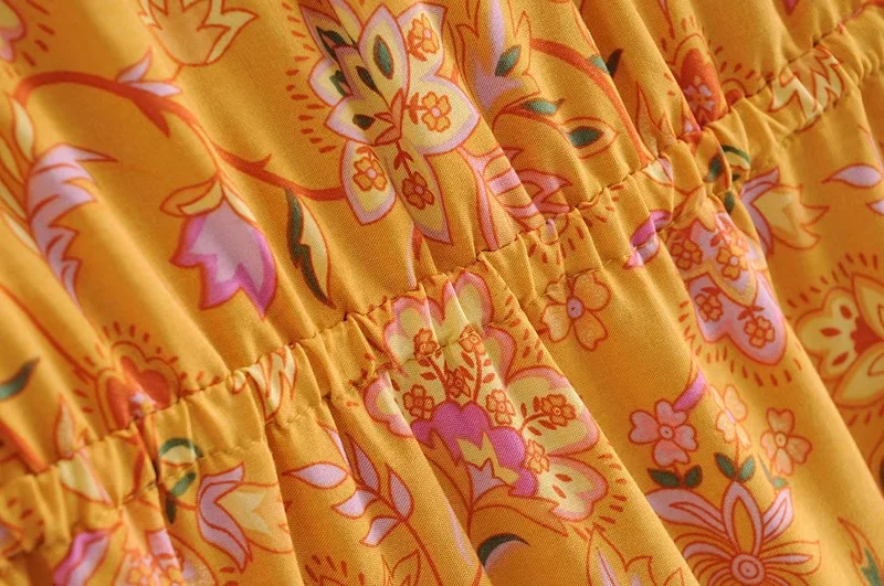 Golden Daffodil Boho Floral Print Mini Dress