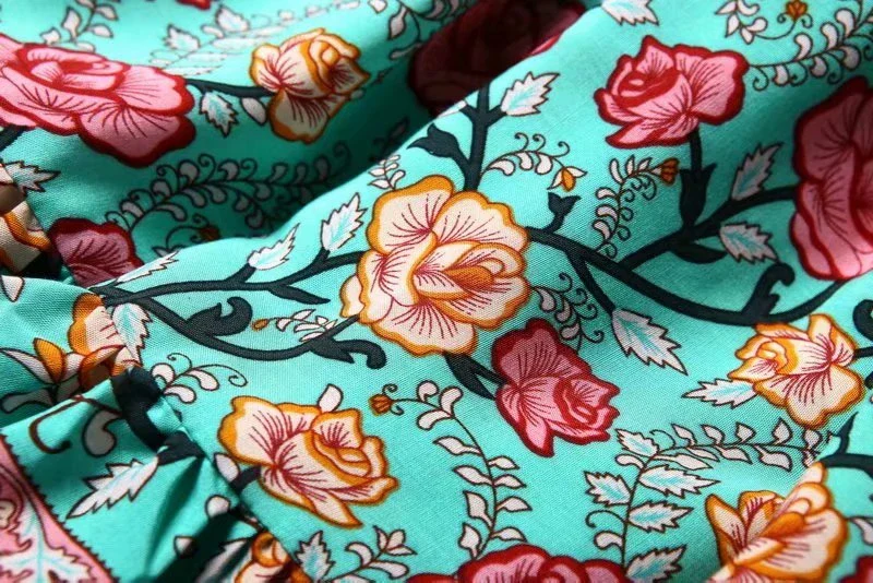 Ocean Jewel Boho Floral Print Midi Dress