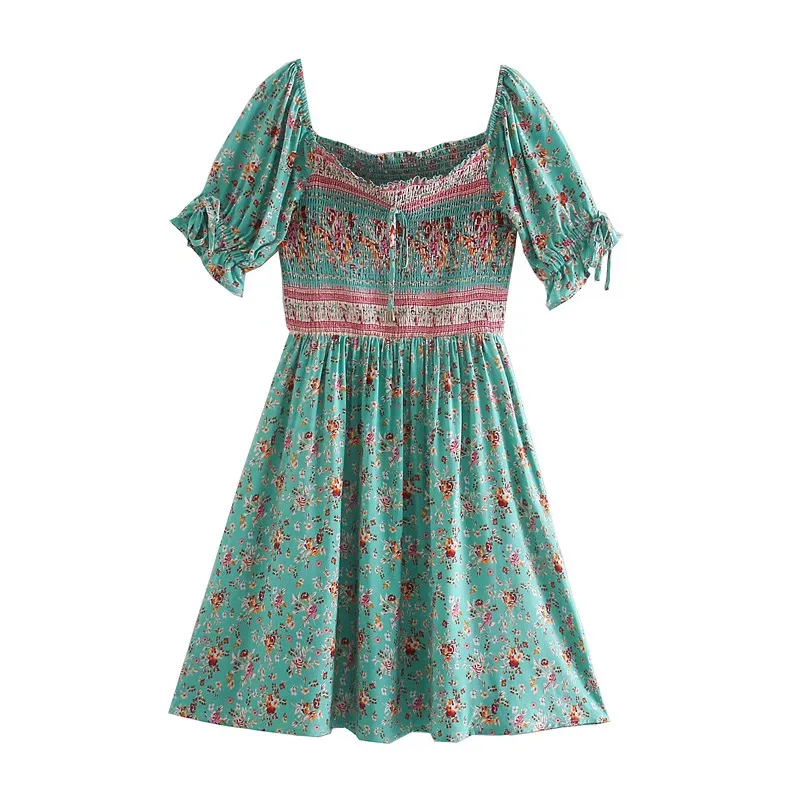 Green Floral Fantasy Boho Floral Print Mini Dress