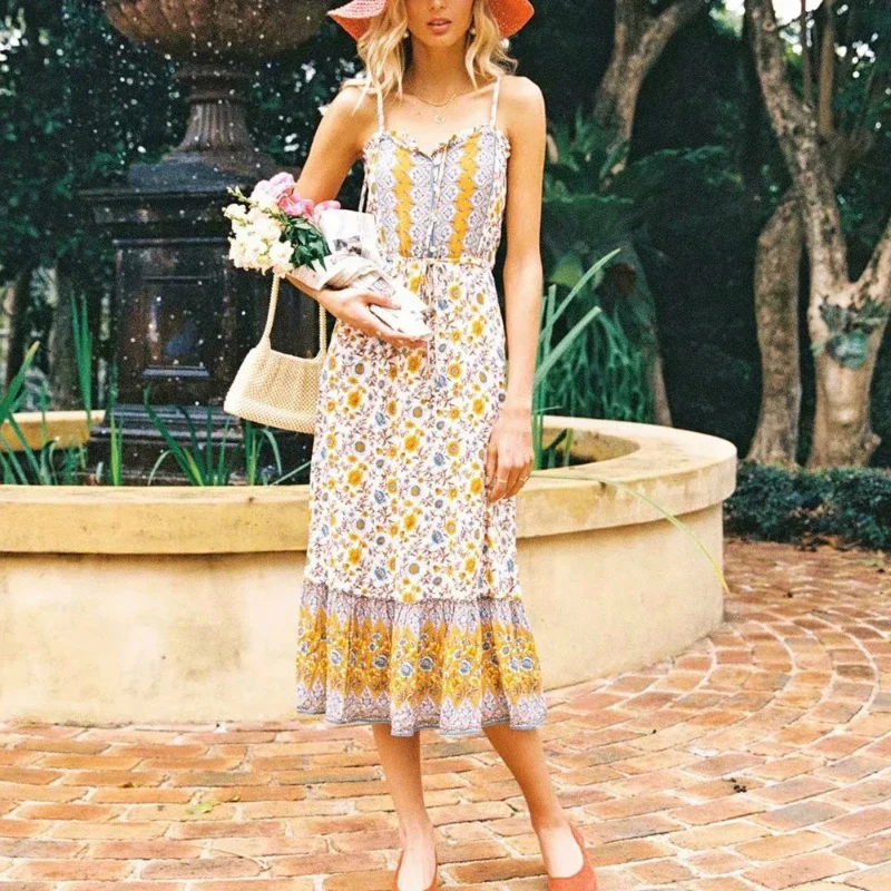 Sunset Bloom Boho Floral Print Midi Dress