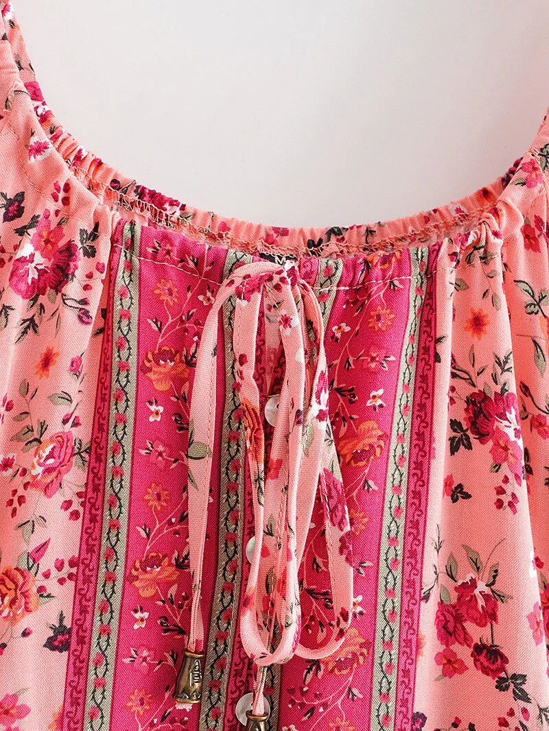Pink Rose Garden Boho Floral Print Maxi Dress