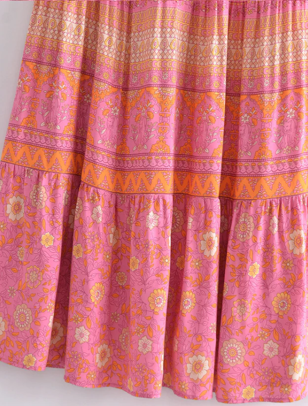 Capri Pink Boho Floral Print Midi Dress