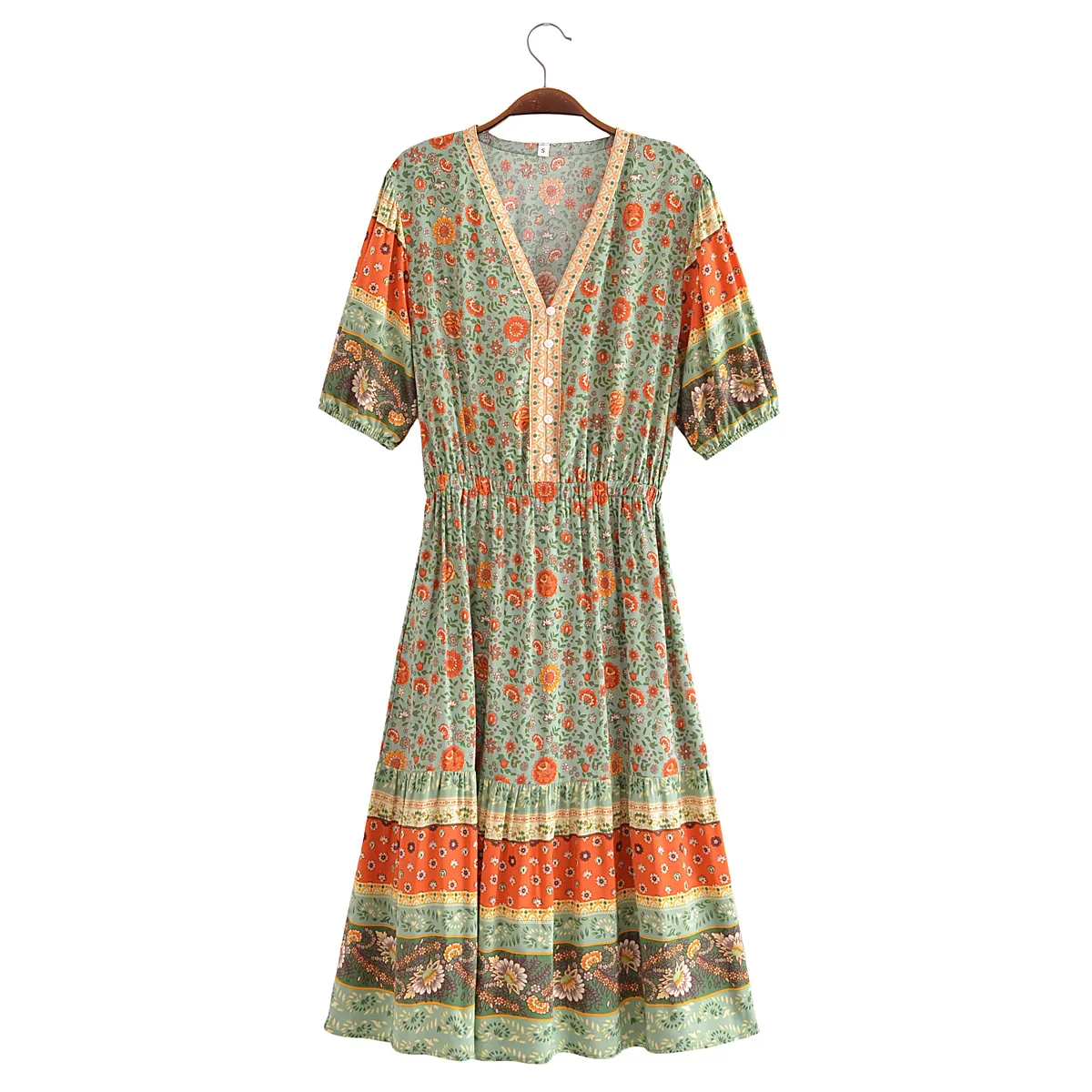 Green Whimsy Boho Floral Print Midi Dress