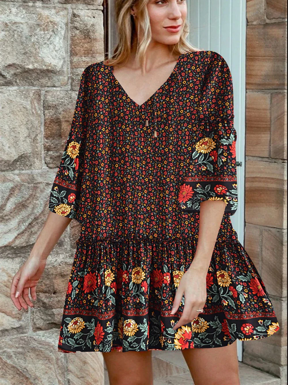 Wild Blooms Boho Floral Print Mini Dress