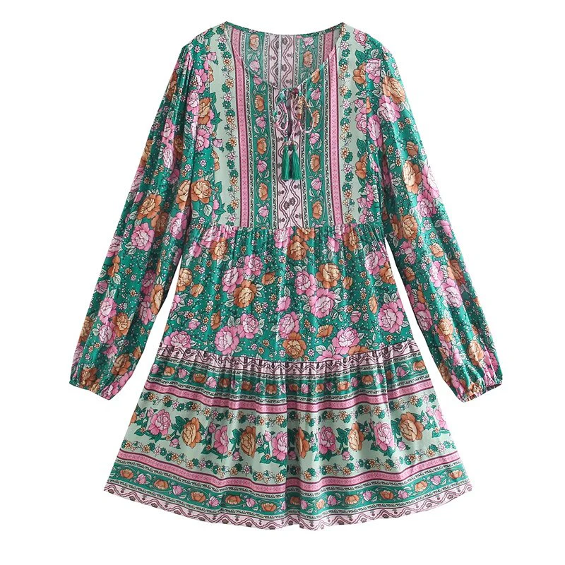 Teal Rose Dream Boho Floral Print Mini Dress