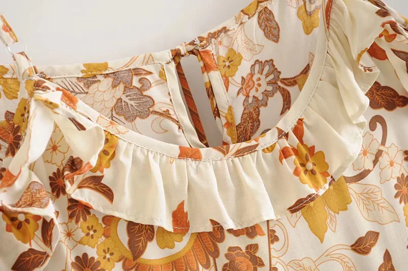 Golden Bloom Boho Floral Print Midi Dress