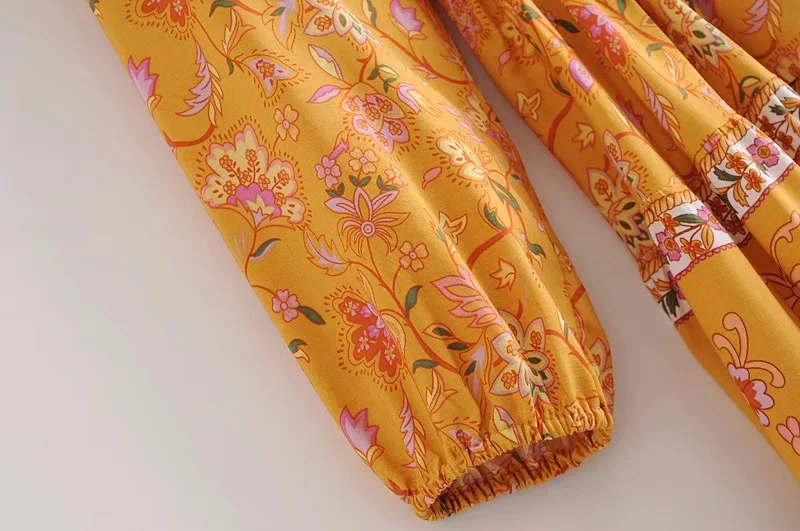 Golden Daffodil Boho Floral Print Mini Dress
