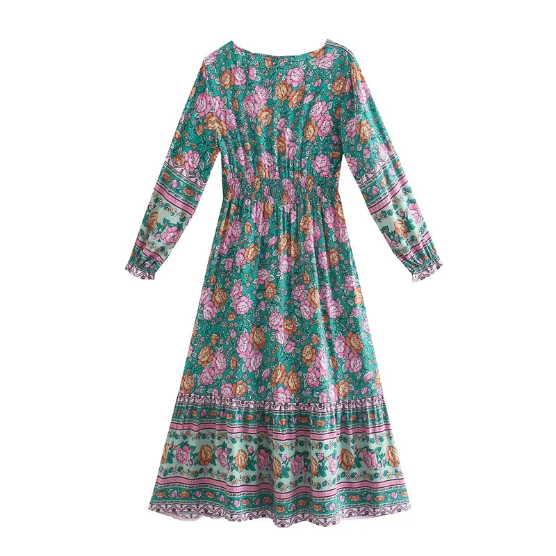Enchanting Teal Boho Floral Print Midi Dress