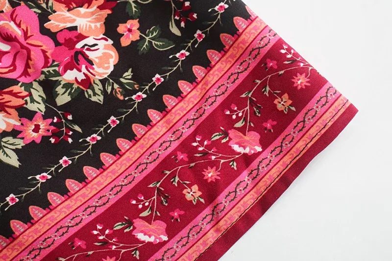 Burgundy Rose Boho Floral Print Midi Dress