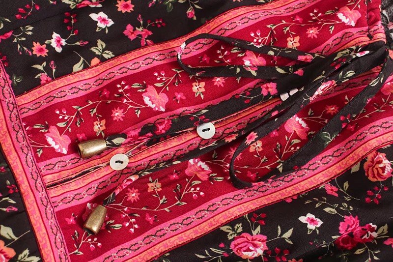 Black Rose Garden Boho Floral Print Maxi Dress