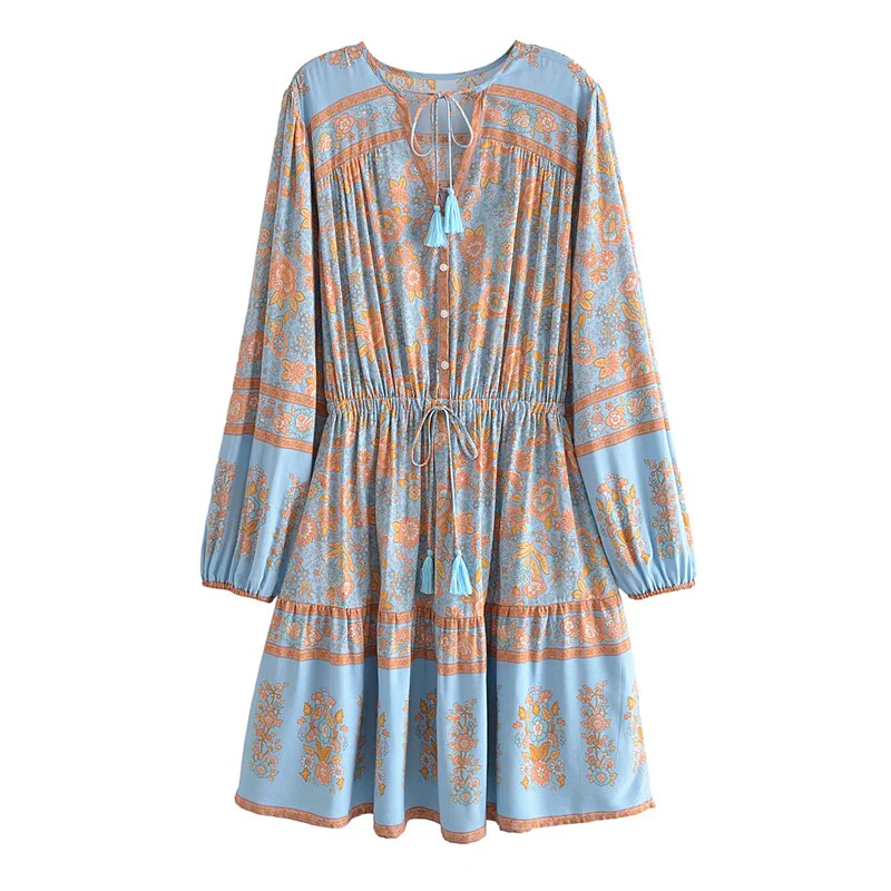 Enchanted Blue Boho Floral Print Mini Dress