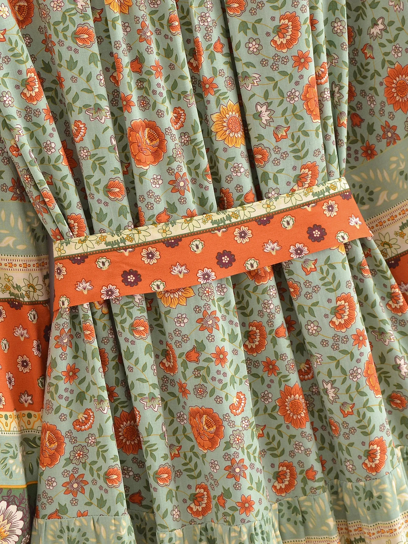 Green Whimsy Boho Floral Print Long Sleeve Mini Dress