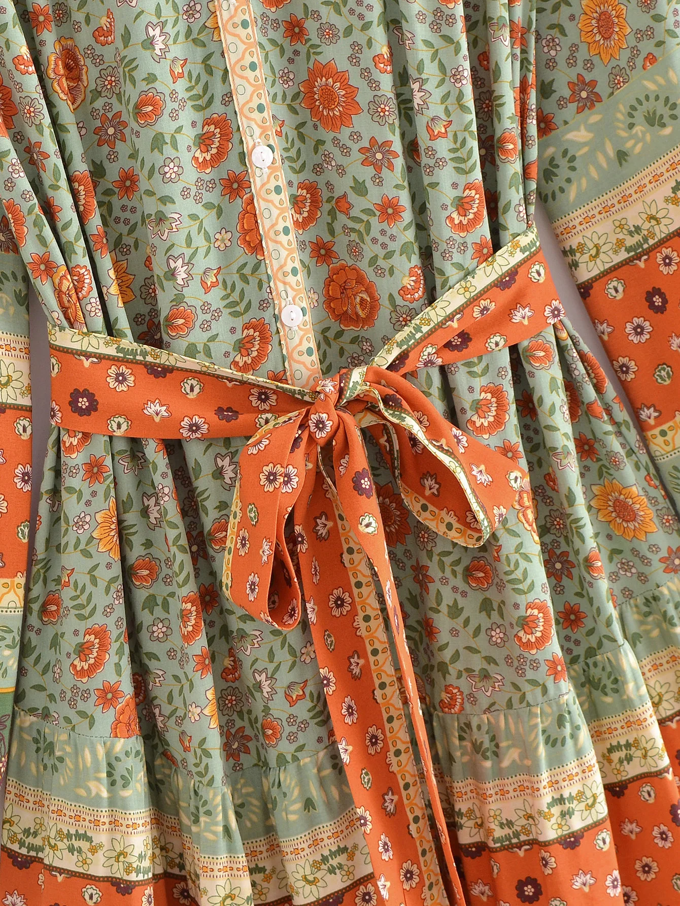 Green Whimsy Boho Floral Print Long Sleeve Mini Dress