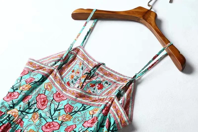 Ocean Jewel Boho Floral Print Midi Dress