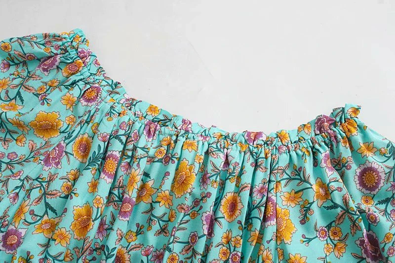 Serene Teal Boho Floral Print Midi Dress
