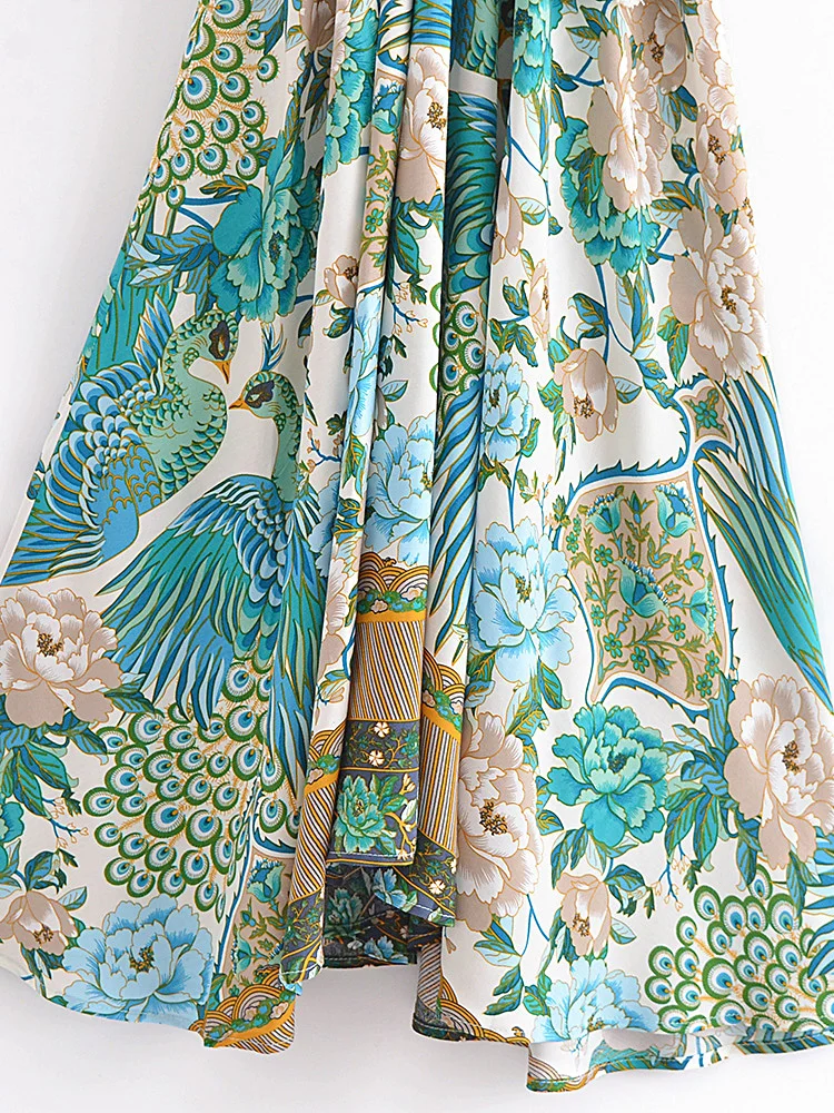 Teal Songbird Boho Floral Print Midi Dress