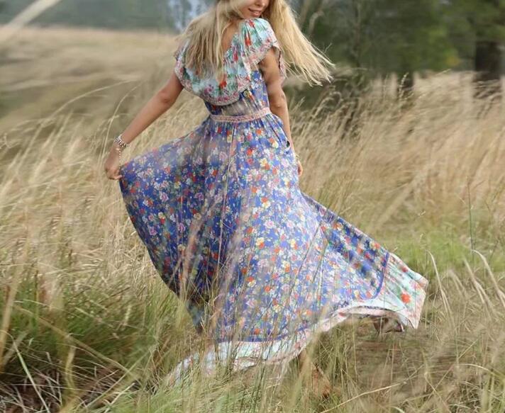 Blissful Blue Boho Floral Print Maxi Dress