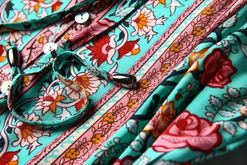 Ocean Jewel Boho Floral Print Midi Dress