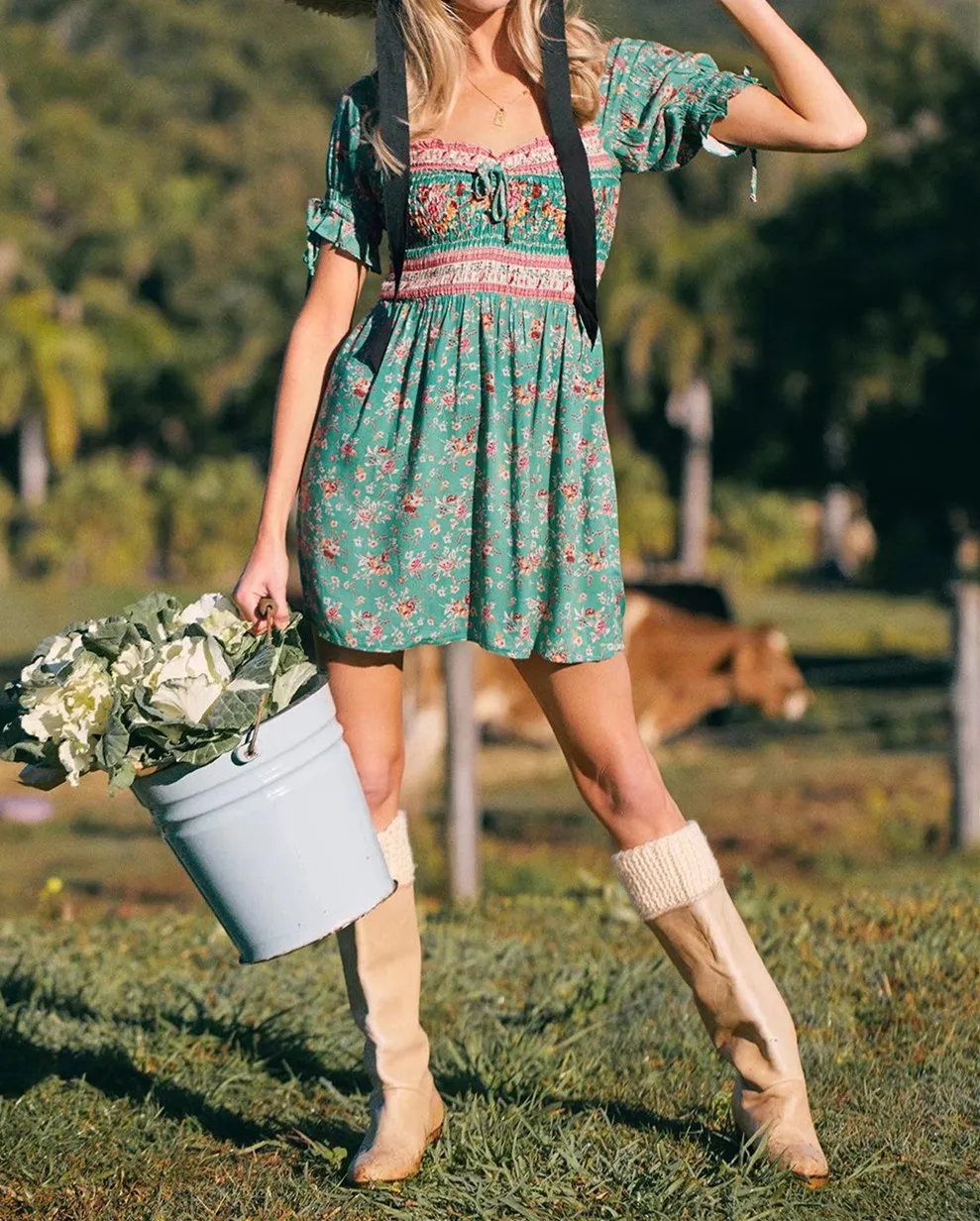 Green Floral Fantasy Boho Floral Print Mini Dress