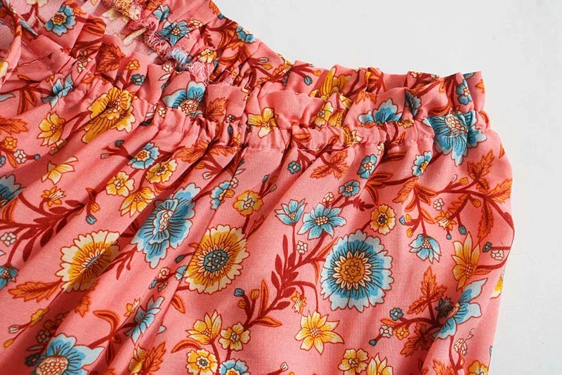 Coral Pink Boho Floral Print Midi Dress