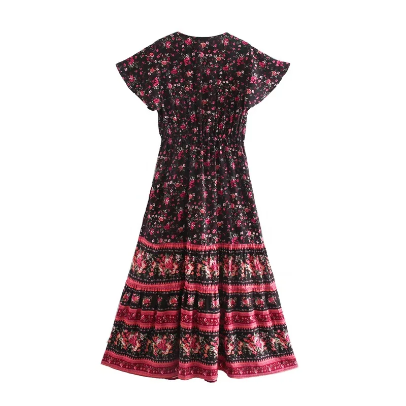 Burgundy Rose Boho Floral Print Midi Dress
