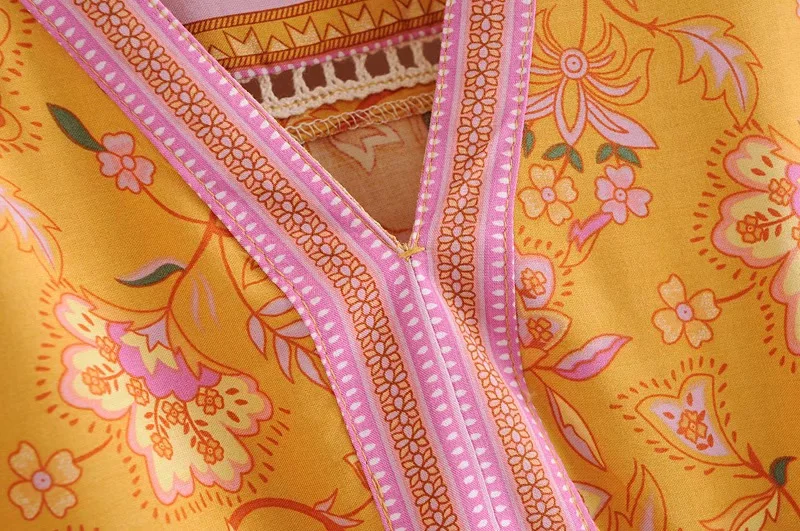 Golden Daffodil Boho Floral Print Mini Dress