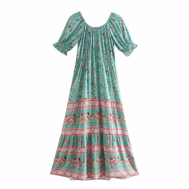 Mint Rose Garden Boho Floral Print Maxi Dress