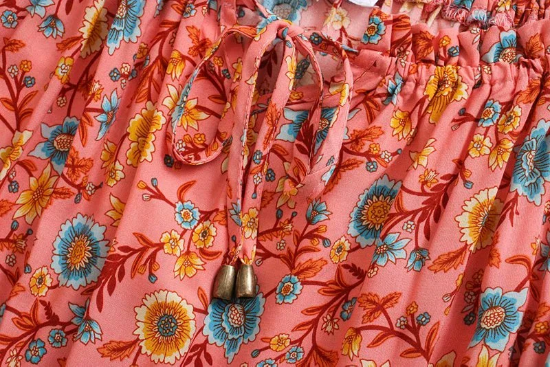 Coral Pink Boho Floral Print Midi Dress