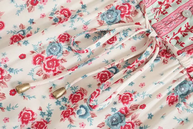 Red Rosebud Boho Floral Print Maxi Dress