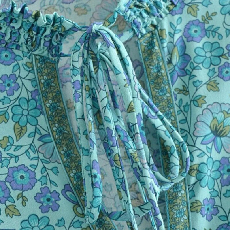 Calypso Camel Boho Floral Print Long Sleeve Midi Dress