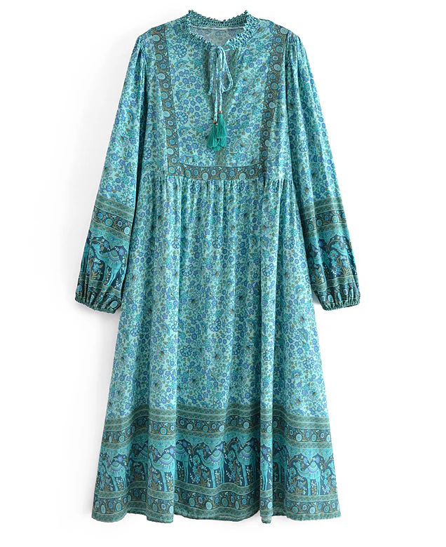 Calypso Camel Boho Floral Print Long Sleeve Midi Dress