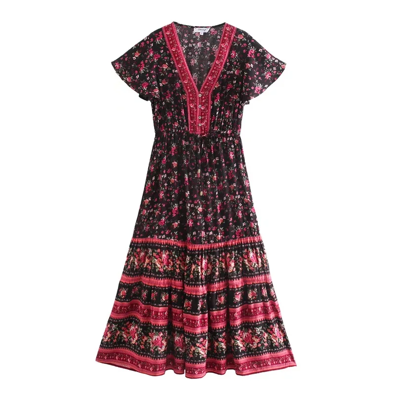 Burgundy Rose Boho Floral Print Midi Dress