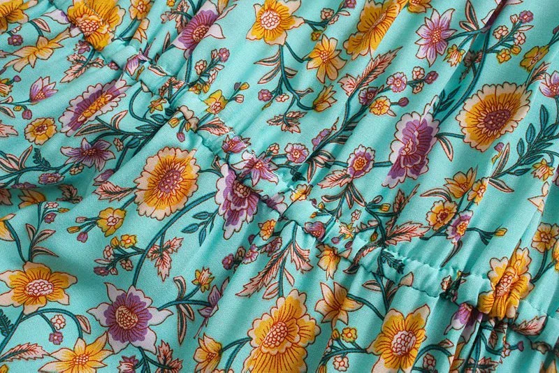 Serene Teal Boho Floral Print Midi Dress