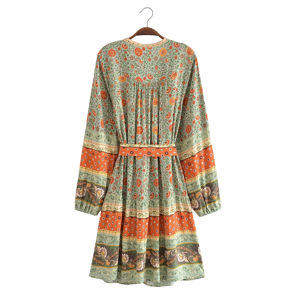 Green Whimsy Boho Floral Print Long Sleeve Mini Dress