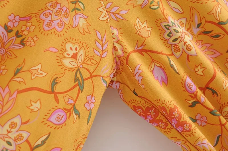 Golden Daffodil Boho Floral Print Mini Dress